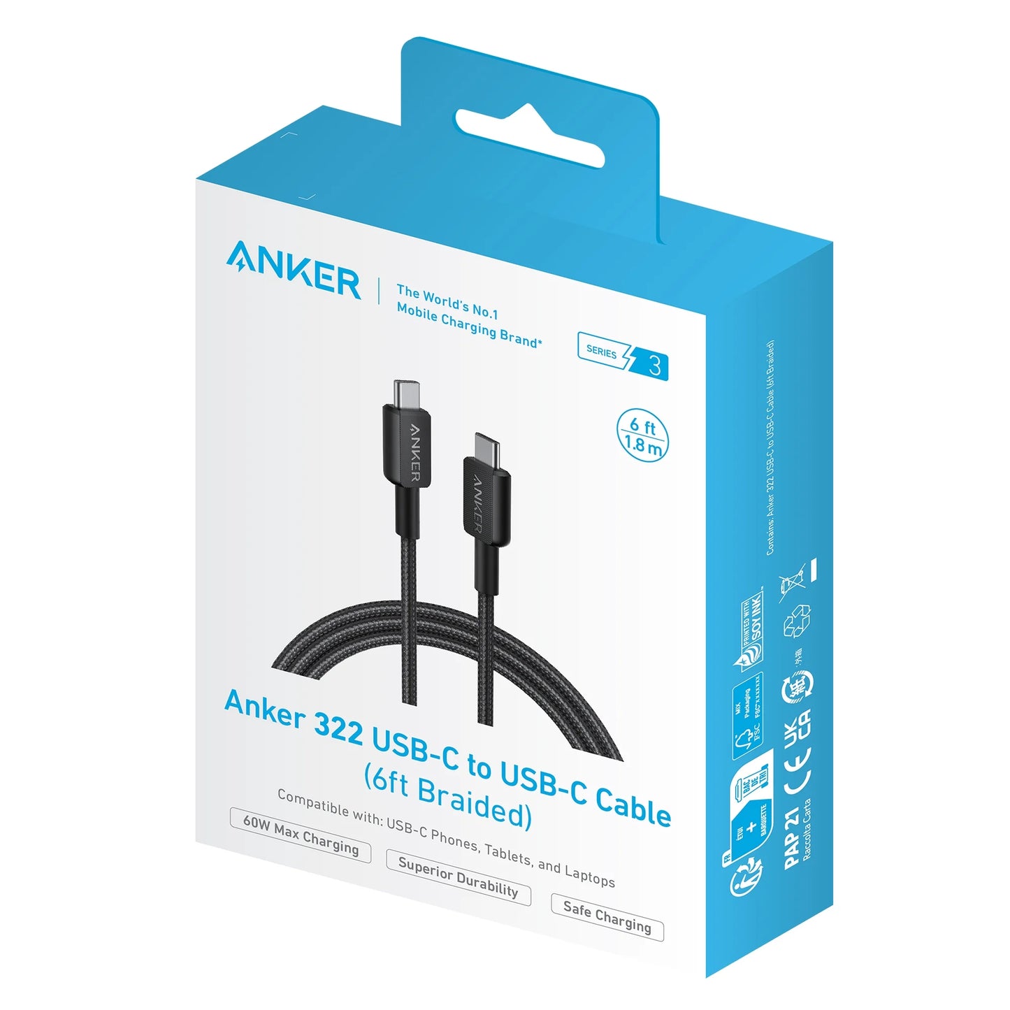 Anker 322 Braided USB-C to USB-C Cable, 6ft, A81F6H11-1, Black