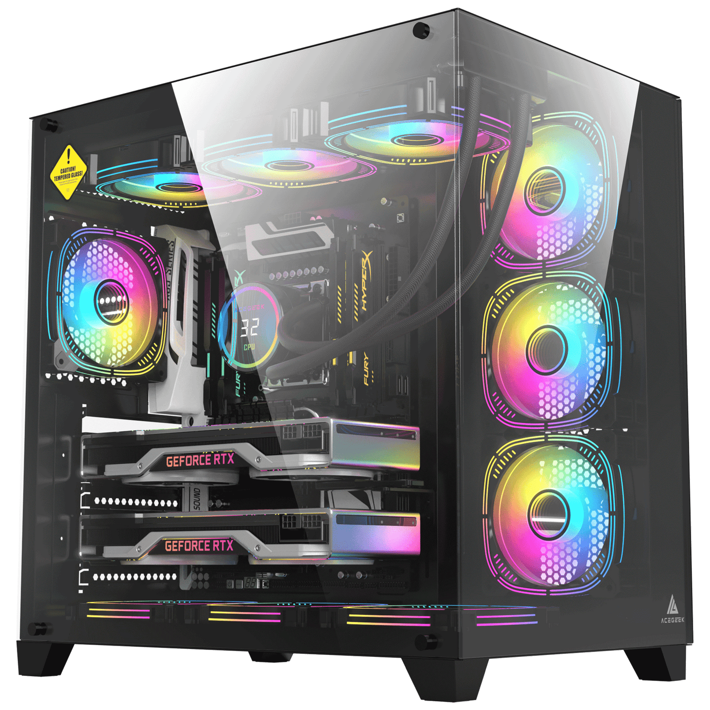 علبة كمبيوتر Acegeek Mercury R425 Pro | حتى ATX | 7 مراوح RGB مقاس 120 مم مثبتة مسبقًا | دعامة مشعاع مقاس 360 مم | زجاج مقسّى بالكامل على الجانبين | AG-MERCURY-R425-PRO-BK - أسود