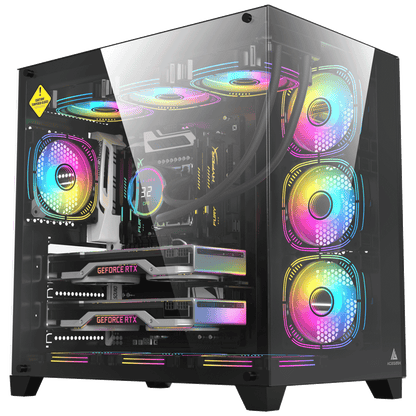 علبة كمبيوتر Acegeek Mercury R425 Pro | حتى ATX | 7 مراوح RGB مقاس 120 مم مثبتة مسبقًا | دعامة مشعاع مقاس 360 مم | زجاج مقسّى بالكامل على الجانبين | AG-MERCURY-R425-PRO-BK - أسود