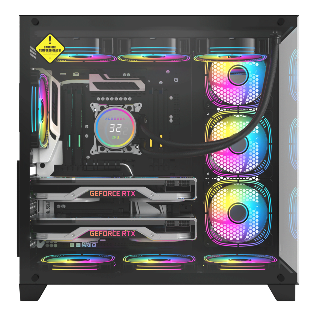 علبة كمبيوتر Acegeek Mercury R425 Pro | حتى ATX | 7 مراوح RGB مقاس 120 مم مثبتة مسبقًا | دعامة مشعاع مقاس 360 مم | زجاج مقسّى بالكامل على الجانبين | AG-MERCURY-R425-PRO-BK - أسود