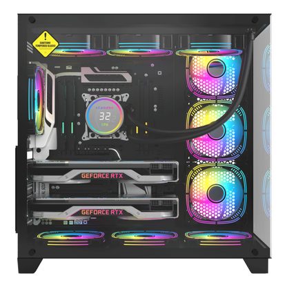 علبة كمبيوتر Acegeek Mercury R425 Pro | حتى ATX | 7 مراوح RGB مقاس 120 مم مثبتة مسبقًا | دعامة مشعاع مقاس 360 مم | زجاج مقسّى بالكامل على الجانبين | AG-MERCURY-R425-PRO-BK - أسود