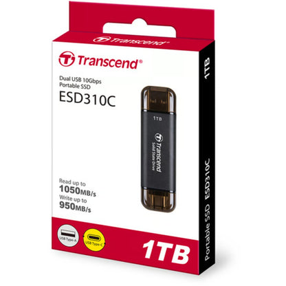 قرص SSD محمول Transcend 2 في 1 بمنفذ USB Type-A / Type-C بسرعة قراءة/كتابة 10 جيجابت في الثانية وسرعة 1050 ميجابايت في الثانية