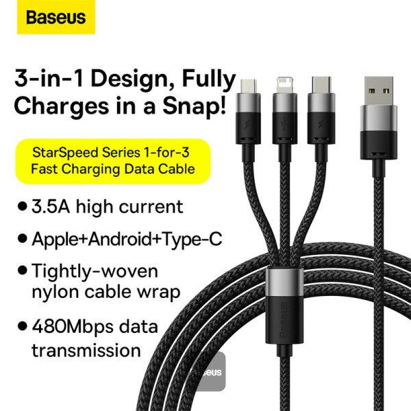 كابل USB 3 في 1 من Baseus StarSpeed Series، USB-C + Micro + Lightning 3.5A 1.2 متر - أسود