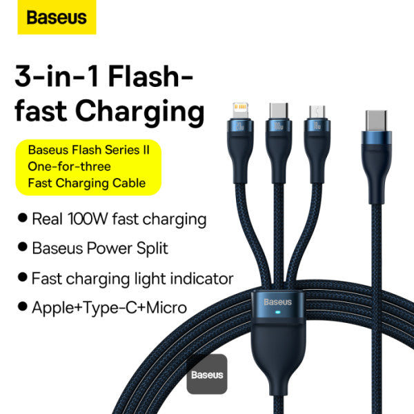 Baseus Flash Series II 3 In 1 Fast Charging Cable Type-C To M+L+C 100W 1.5M - Blue