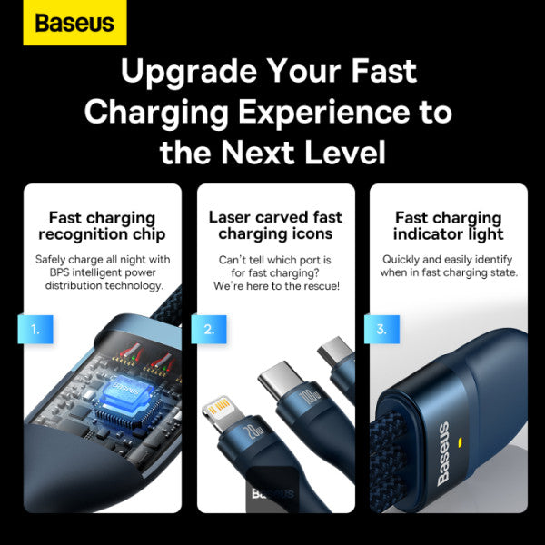 Baseus Flash Series II 3 In 1 Fast Charging Cable Type-C To M+L+C 100W 1.5M - Blue