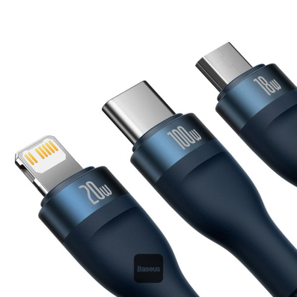 Baseus Flash Series II 3 In 1 Fast Charging Cable Type-C To M+L+C 100W 1.5M - Blue