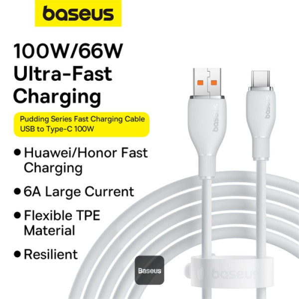 Baseus Pudding Series Fast Charging Cable With High-Speed Data Transmission USB-A to Type-C 100W 6A 1.2M - White