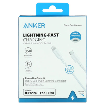 Anker PowerLine Select + USB-C Cable with Lightning Connector 6ft, Apple MFi Certified - White