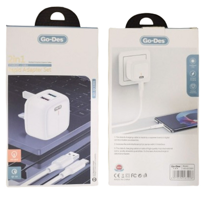 Go-Des 2 In 1 Charger + Lightning Cable Rapid Adapter Set GD-QC3301