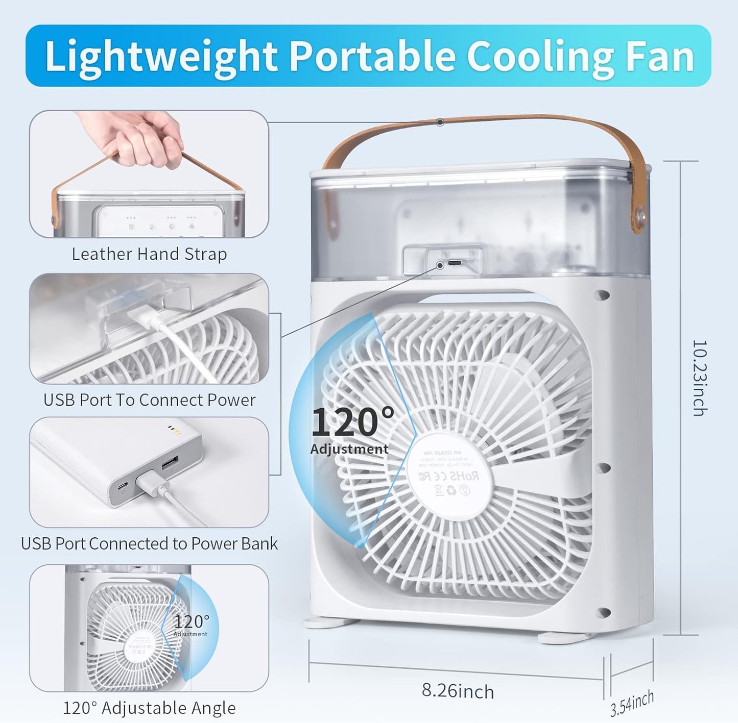 Portable Fan, Cooling Fan with 7 Colors LED Light, Air Conditioner Water Fan USB Desk with 3 Sprays