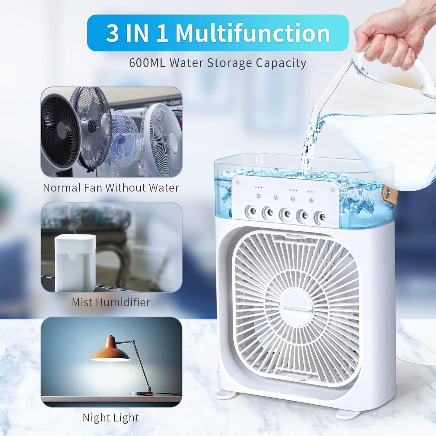 Portable Fan, Cooling Fan with 7 Colors LED Light, Air Conditioner Water Fan USB Desk with 3 Sprays