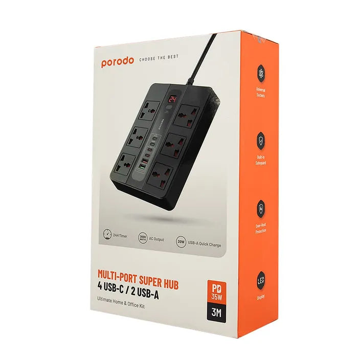 موزع سوبر متعدد المنافذ من Porodo 6 AC 2 USB-A 24W و4 USB-C PD 36W بطول 2 متر و3000 واط في المملكة المتحدة - أسود