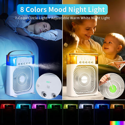 Portable Fan, Cooling Fan with 7 Colors LED Light, Air Conditioner Water Fan USB Desk with 3 Sprays