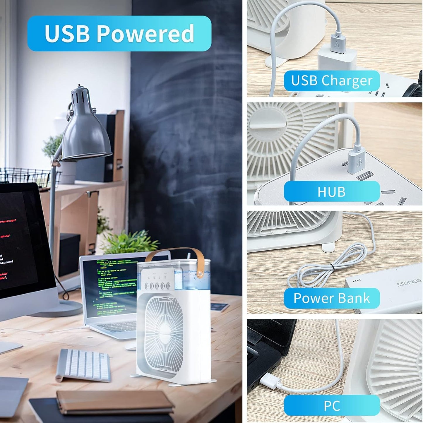 Portable Fan, Cooling Fan with 7 Colors LED Light, Air Conditioner Water Fan USB Desk with 3 Sprays