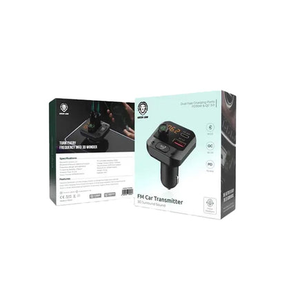 Green Lion Car FM Transmitter with 3D Surround Sound PD 30W & QC 3.0 - Black