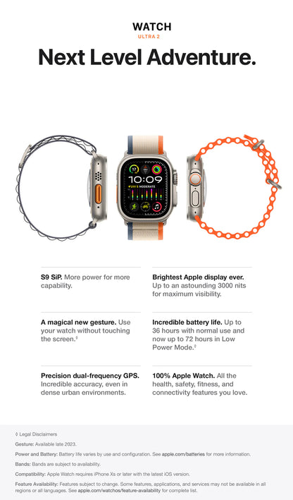 ساعة Apple Watch Ultra 2 GPS + Cellular، هيكل من التيتانيوم مقاس 49 مم مع حزام Ocean Orange