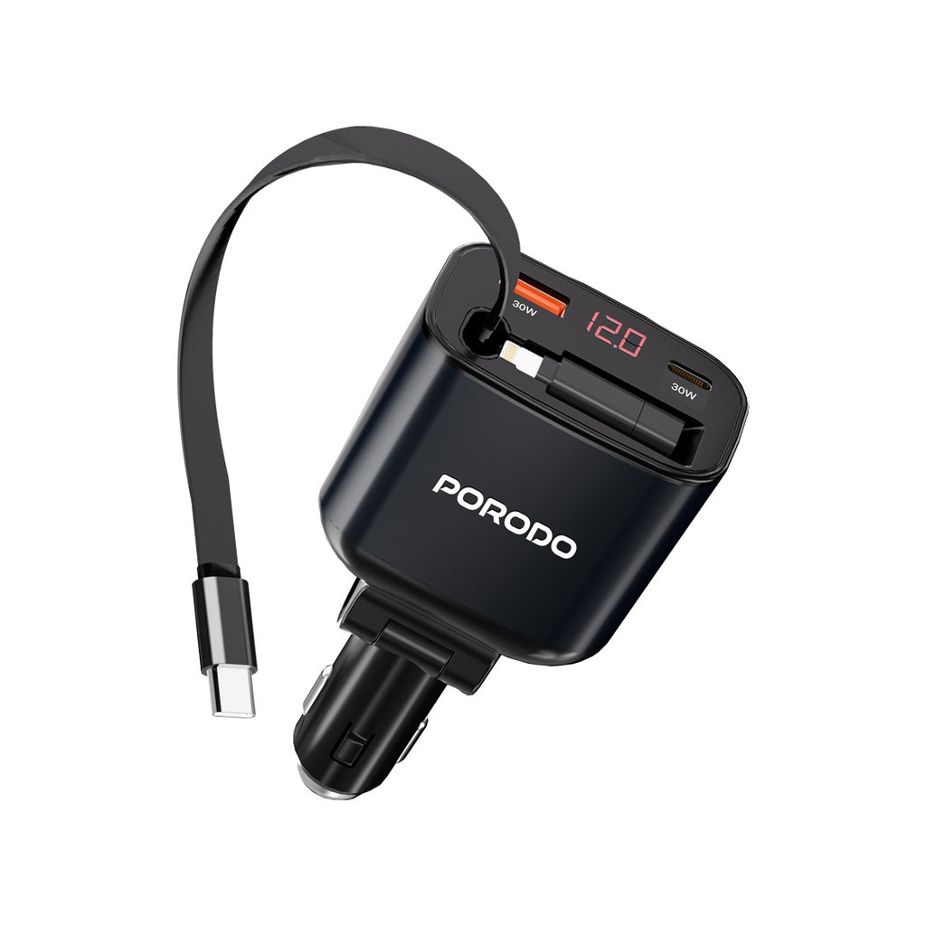 Porodo 105W Car Charger With Retractable Cable and Digital Display - Black