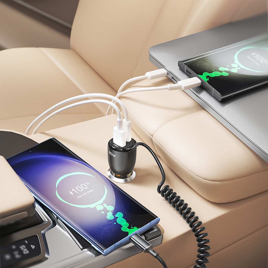 Porodo 110W Transparent Dual Port Car Charger with USB-C Cable USB-A+USB-C - Black