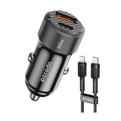 Porodo 50W Dual Port Car Charger PD 20W QC 30W with C to Lighining Cable