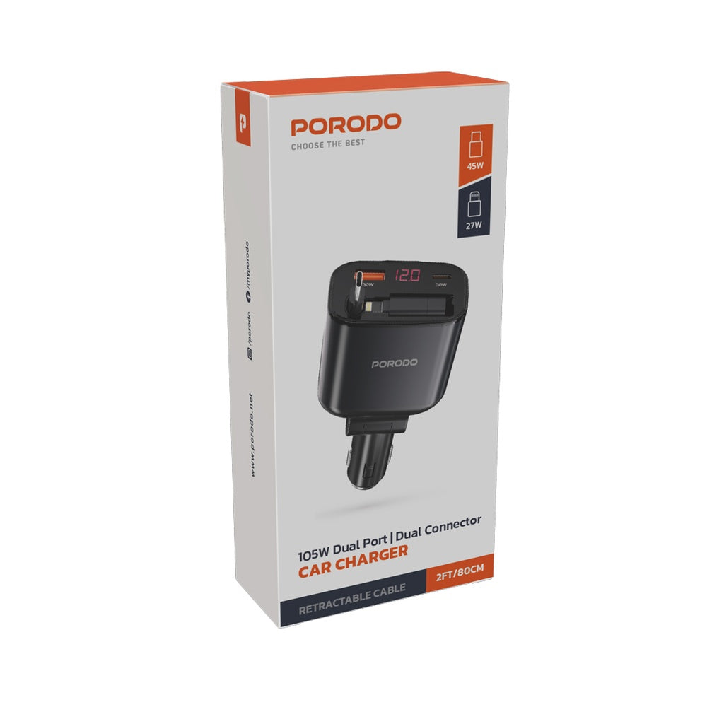 Porodo 105W Car Charger With Retractable Cable and Digital Display - Black