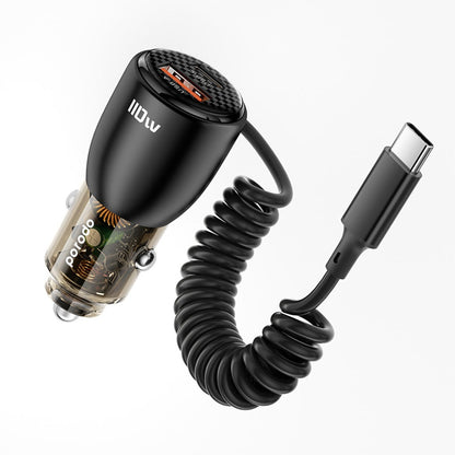 Porodo 110W Transparent Dual Port Car Charger with USB-C Cable USB-A+USB-C - Black