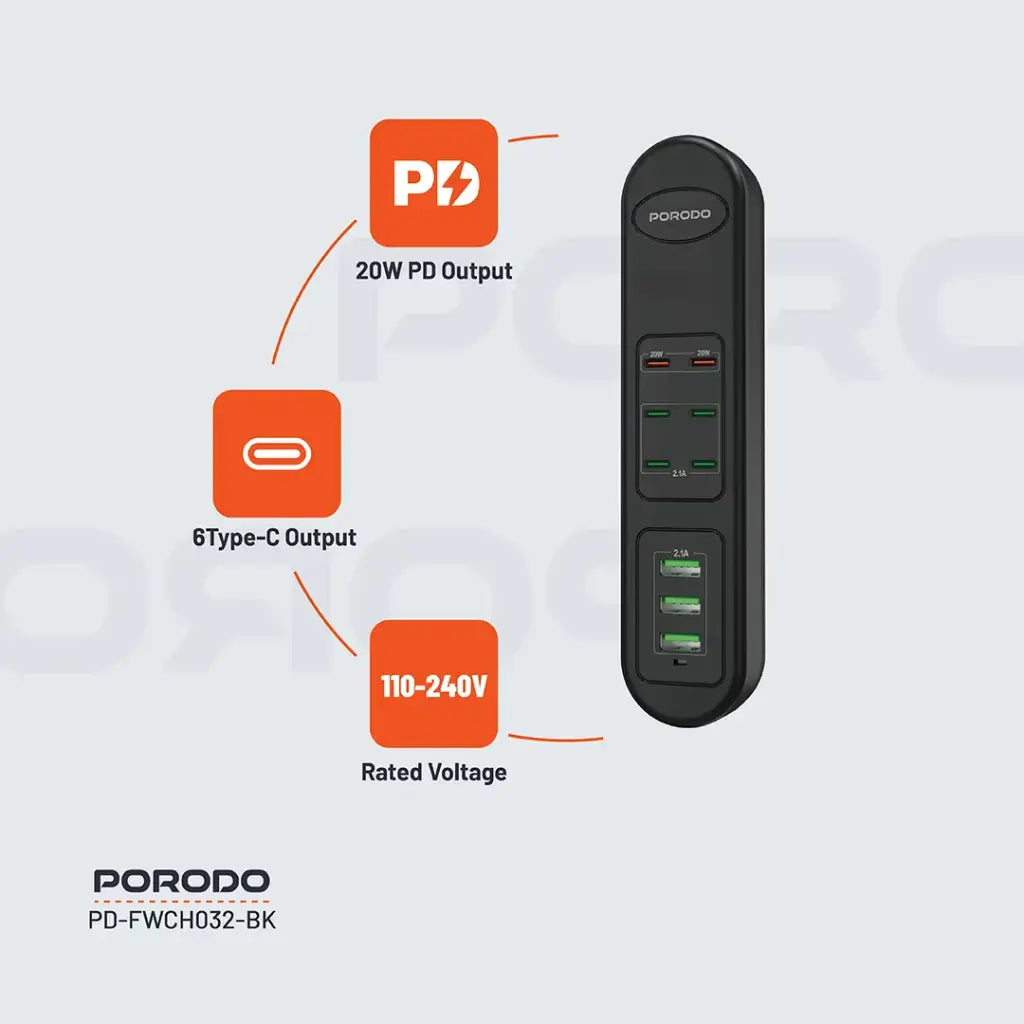 موزع شحن USB متعدد المنافذ بقوة 50 وات من بورودو - أسود