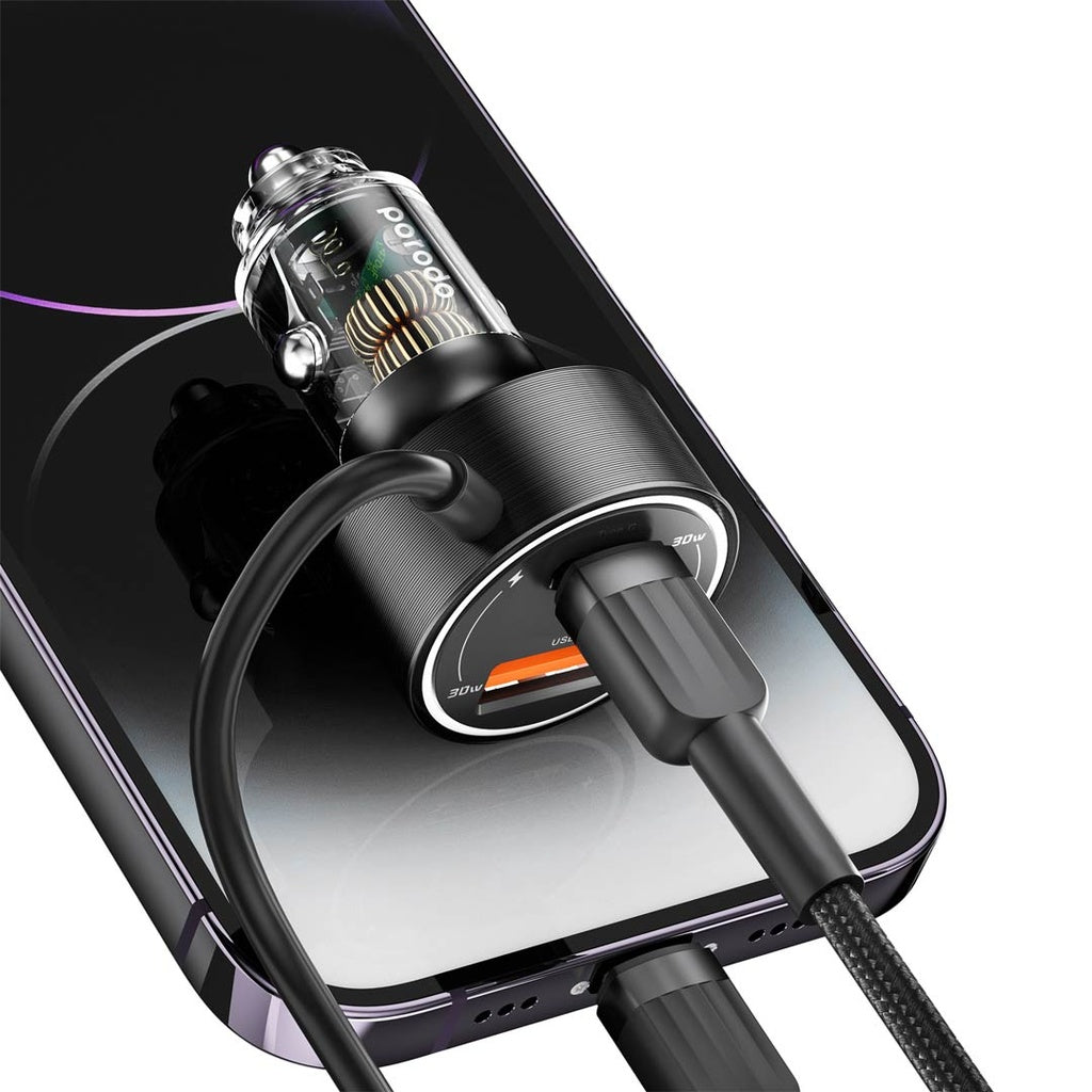 Porodo 60W Transparent Dual Port Car Charger PD 30W QC 18W with Coil- Black