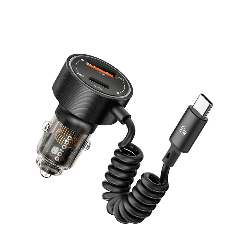 Porodo 60W Transparent Dual Port Car Charger PD 30W QC 18W with Coil- Black