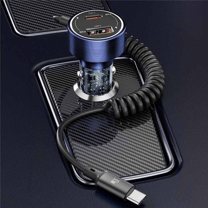 Porodo 60W Transparent Dual Port Car Charger PD 30W QC 18W with Coil- Black