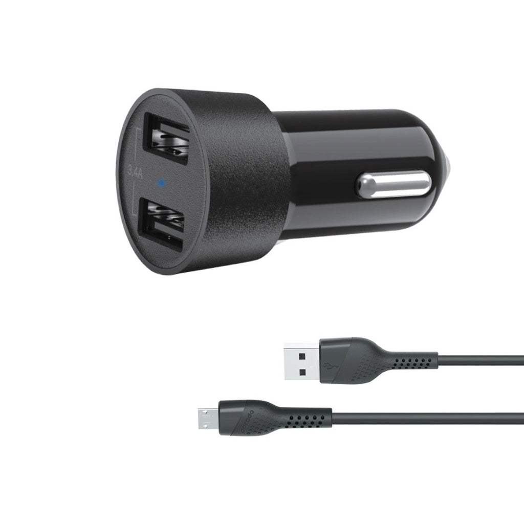 Porodo Dual USB Car Charger 3.4A with Micro USB Cable 4ft. - Black