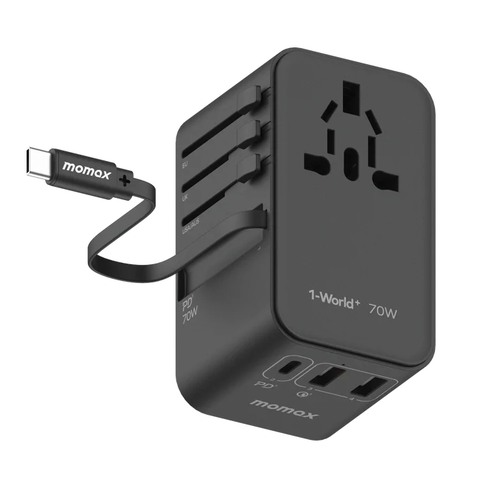 momax 1-World+ 3-Port Travel GaN Charger With Built-in USB-C Cable 70W