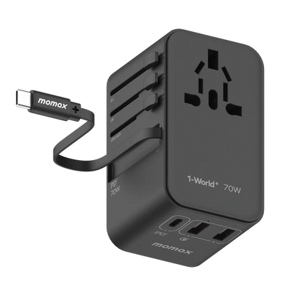 momax 1-World+ 3-Port Travel GaN Charger With Built-in USB-C Cable 70W