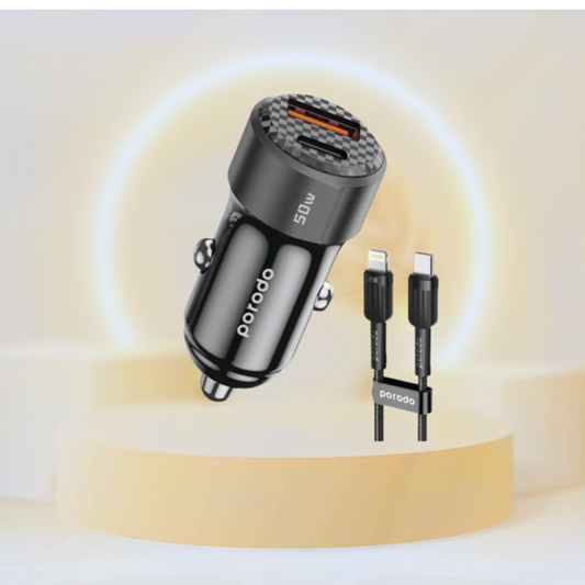 Porodo 50W Dual Port Car Charger PD 20W QC 30W with C to Lighining Cable