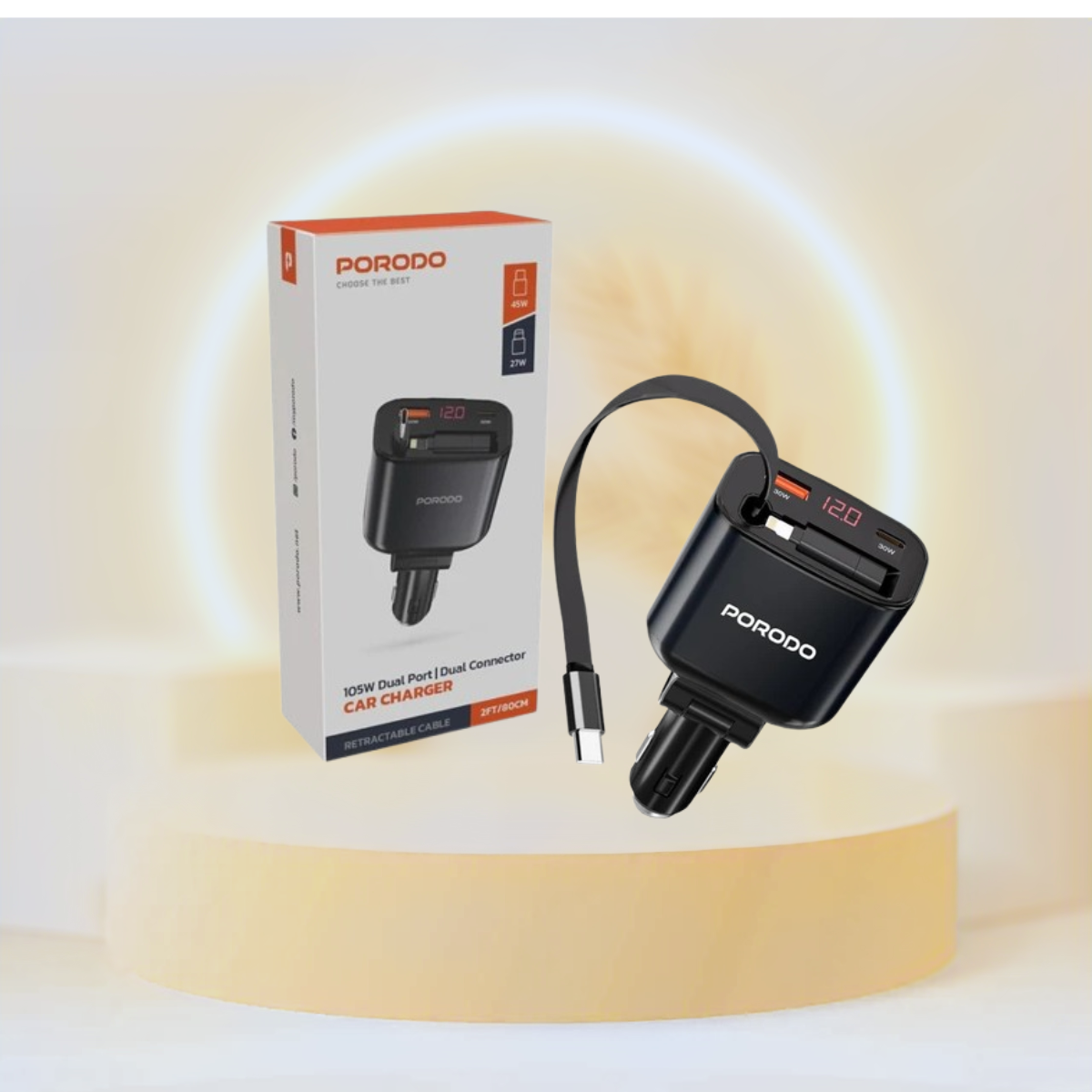 Porodo 105W Car Charger With Retractable Cable and Digital Display - Black