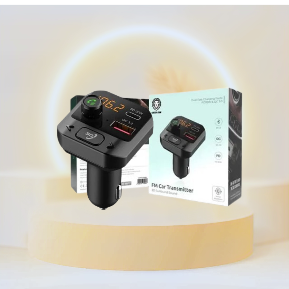 Green Lion Car FM Transmitter with 3D Surround Sound PD 30W & QC 3.0 - Black