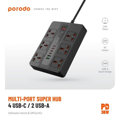 موزع سوبر متعدد المنافذ من Porodo 6 AC 2 USB-A 24W و4 USB-C PD 36W بطول 2 متر و3000 واط في المملكة المتحدة - أسود