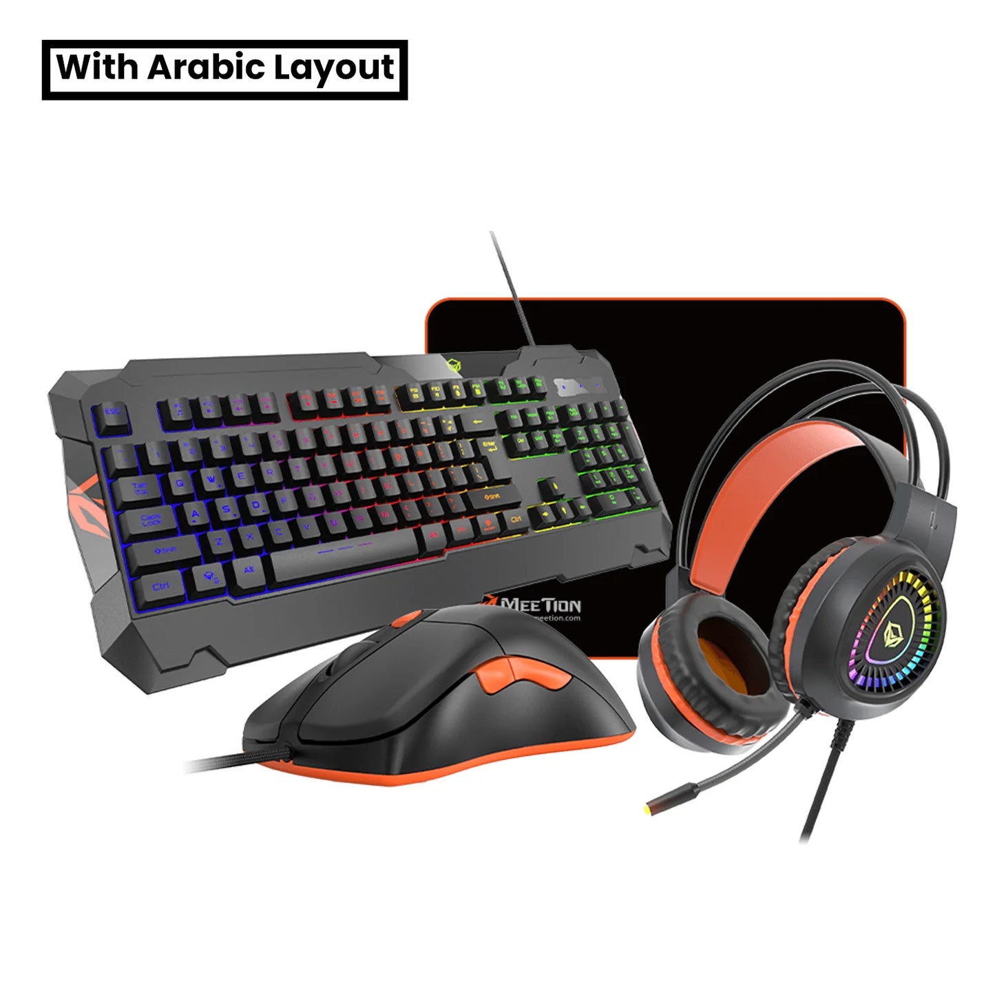 MeeTion 4 in 1 PC Gaming Kit C505 Mouse, English / Arabic Keyboard, Headset and Mousepad