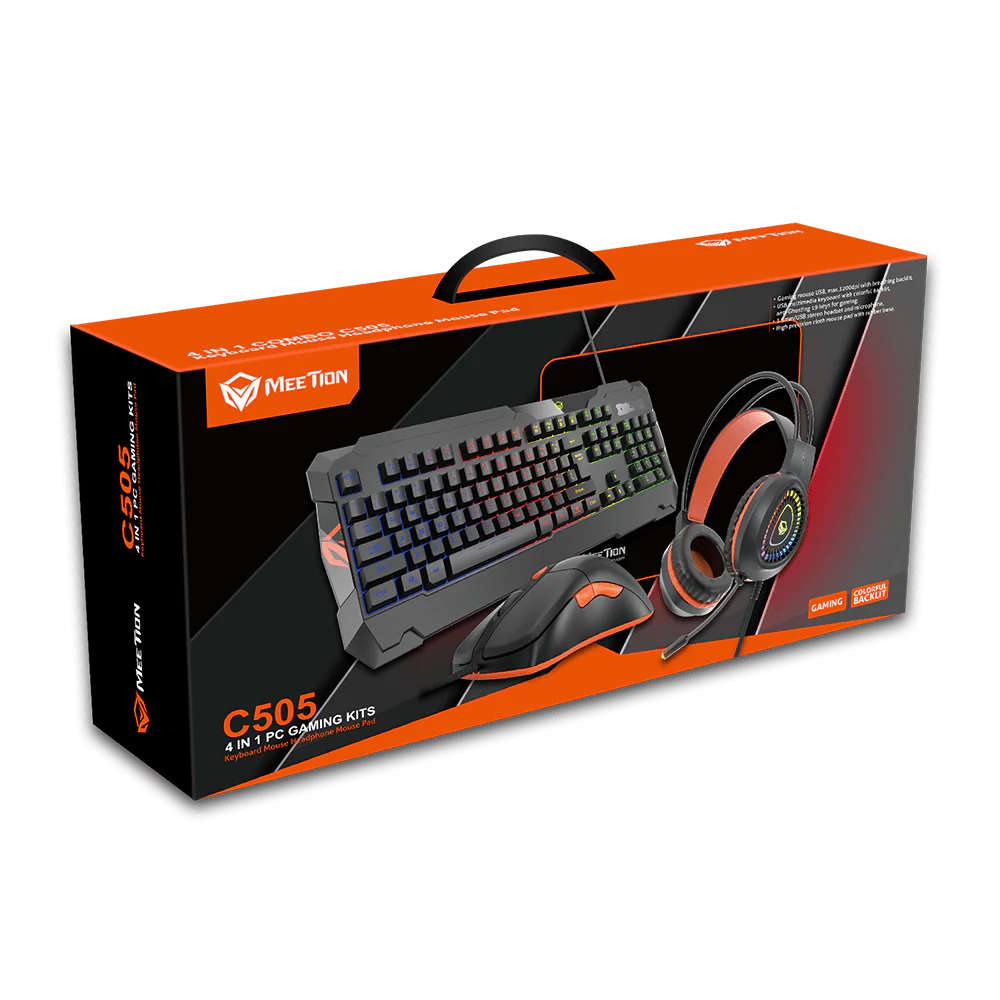 MeeTion 4 in 1 PC Gaming Kit C505 Mouse, English / Arabic Keyboard, Headset and Mousepad